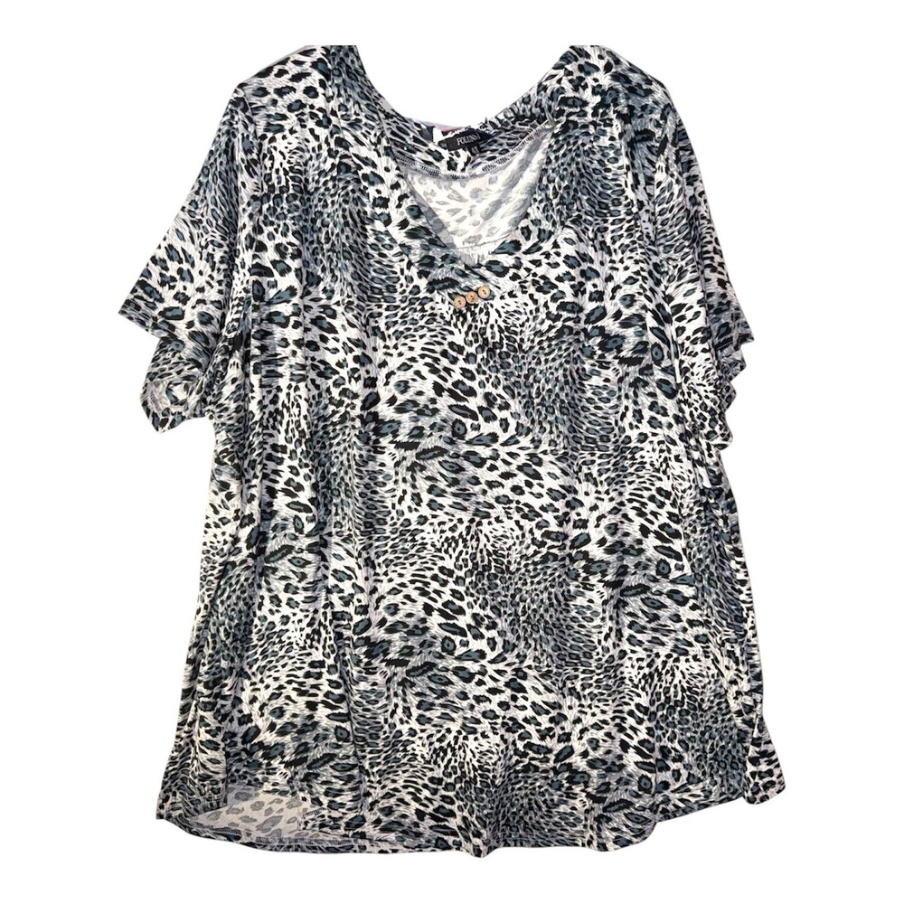 FOLUNSI Womens Plus Size 4X Short Sleeve V Neck Teal Leopard Blouse Button Decal